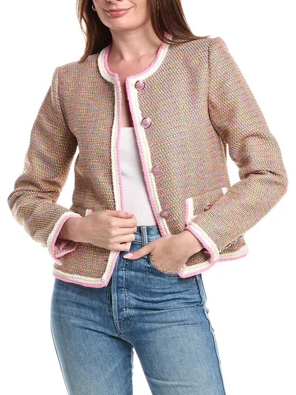 Tahari Womens Pink Tweed Blazer Jacket